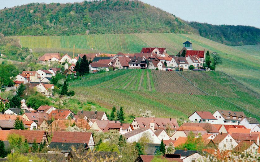 Dorf inmitten von Weinbergen auf einem Hügel