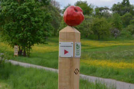 Skulptur mit einem Apfel aus Holz