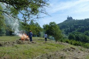 Menschen verbrennen Heu auf einer Wiese