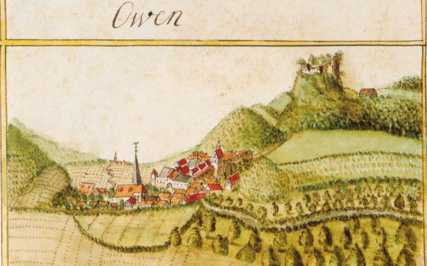 farbige Ansicht der Ortschaft Owen aus dem 17. Jahrhundert
