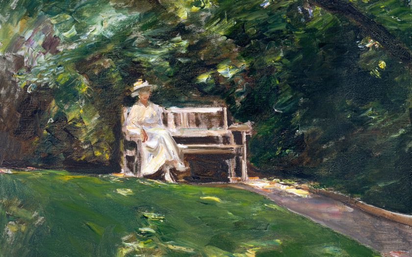 Gemälde einer Frau im Park auf einer Bank