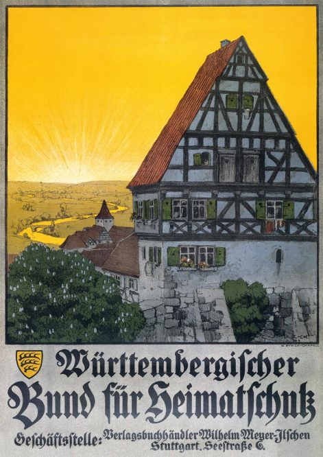 Plakat mit einem Fachwerkhaus vor der untergehenden Sonne