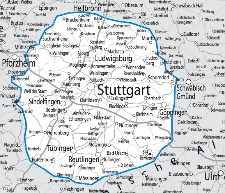 Karte der Region um Stuttgart