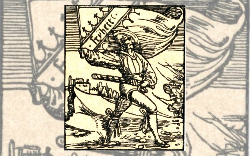 Zeichnung eines Mannes mit einer großen Fahne